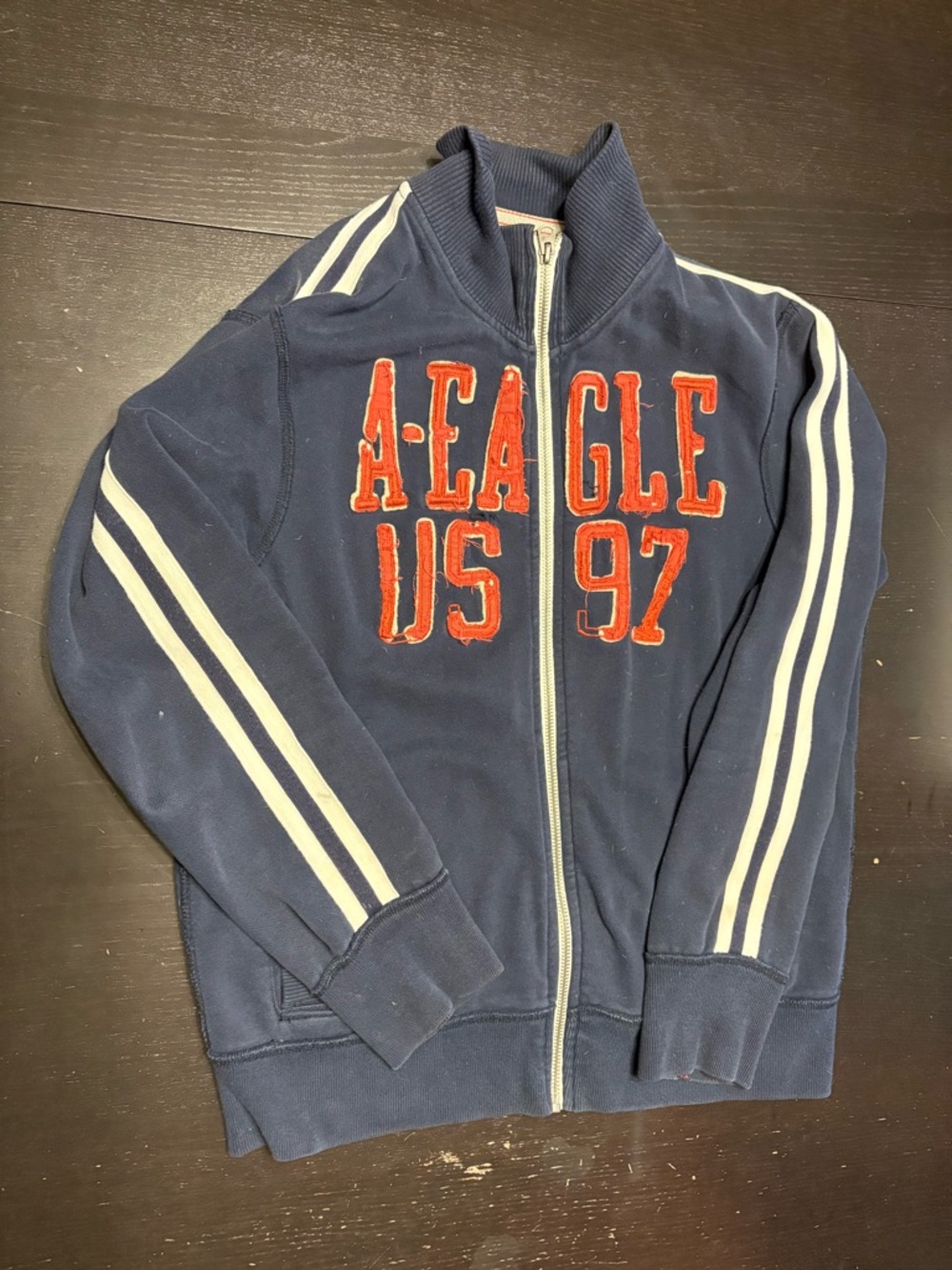Navy Zip-Up Mens Jacket with Red Appliqué